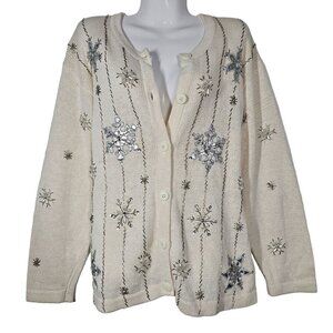 90s Vintage Boobbie Brooks Christmas Cardigan Embroidered Beaded Snowflake Large